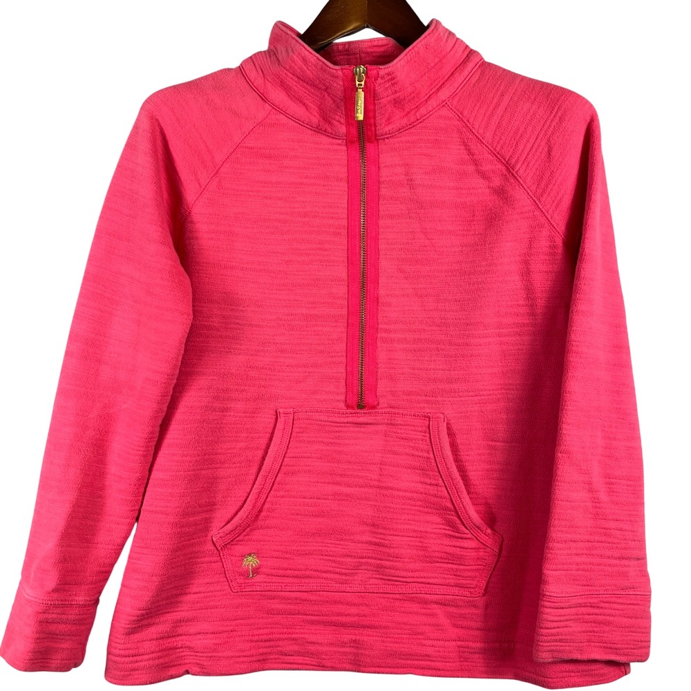 Lilly Pulitzer Womens M Hot Pink Half Zip Pullover Sweatshirt Kangaroo Pocket
